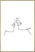 JUNIQE - Poster met kunststof lijst Oneline Kiss -20x30 /Wit & Zwart