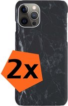 Hoes voor iPhone 12 Pro Max Hoesje Marmeren Case Zwart - Hardcover Hoes Marmer Zwart Backcase - Hoes voor iPhone 12 Pro Max Marmer Hoes - Zwart Marmer Hoesje 2 Stuks
