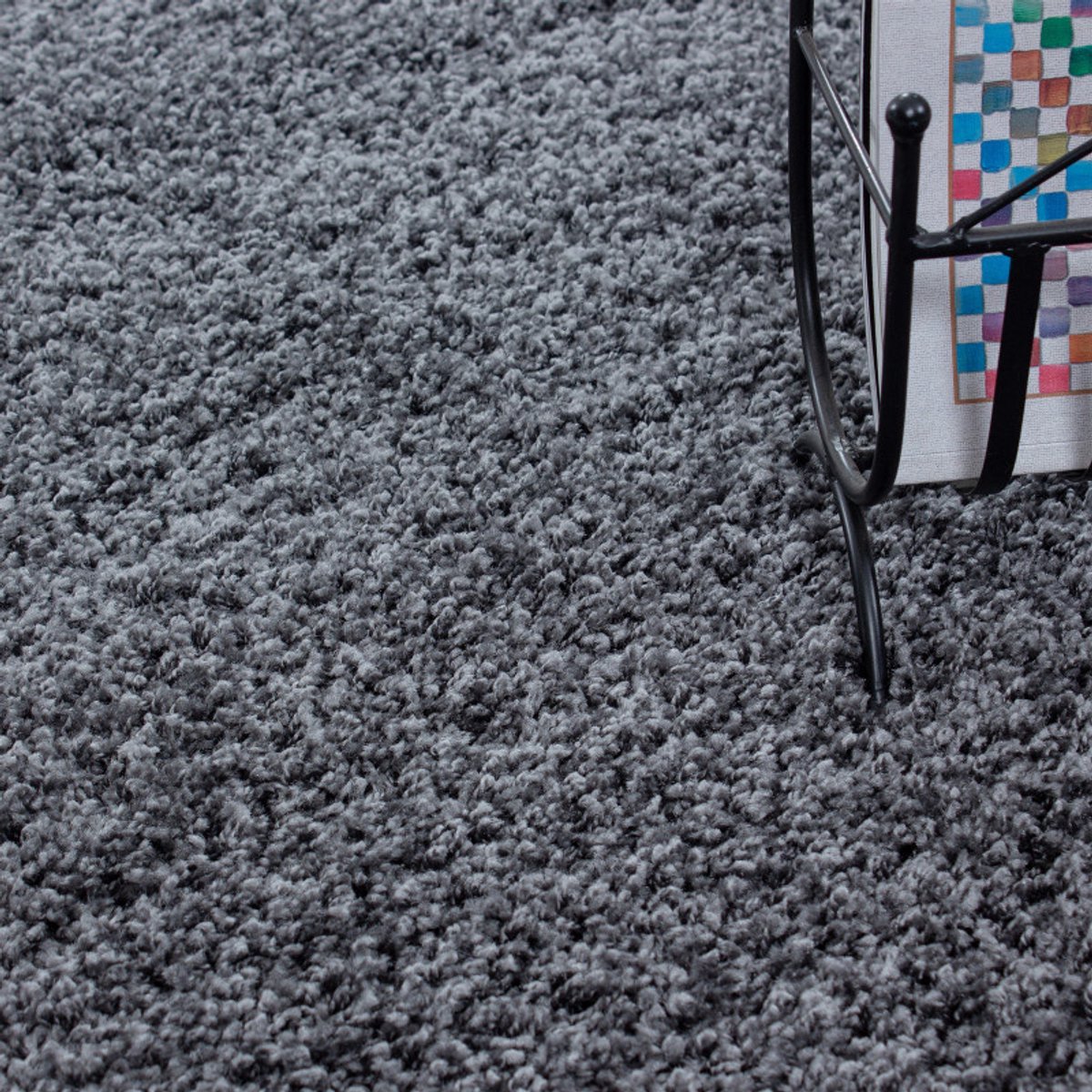 flycarpets Hoogpolig vloerkleed, effen grijs, woonkamerkleed, jute achterkant, afmeting: 160 cm rond