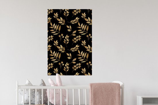 Sticker Muursticker Feuilles dorées/roses - Motif de branches avec feuilles et baies dorées sur fond noir - 60x90 cm - Film adhésif autocollant - Sticker mural repositionnable