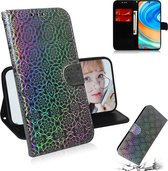 Voor xiaomi redmi note 9 pro effen kleur kleurrijke magnetische gesp horizontale flip pu lederen case met houder & kaartsleuven & portemonnee & lanyard (zilver)