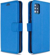 Voor Galaxy A51 Litchi Texture horizontale flip lederen tas met houder & kaartsleuven & portemonnee & fotolijst (blauw)