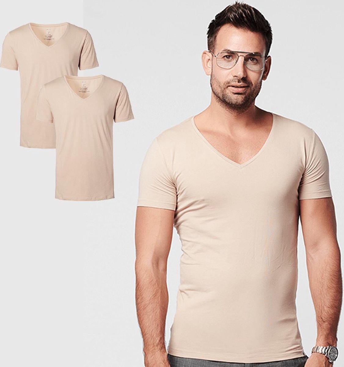 SKOT Fashion Duurzaam t-shirt heren Deep V-neck Invisible 2 pack - Taupe - Maat XL