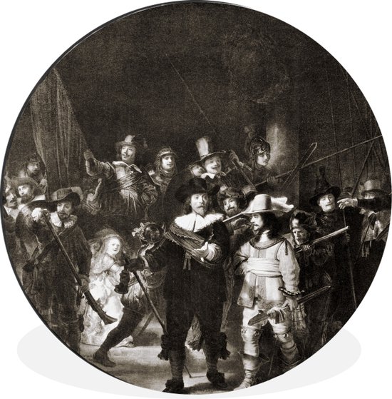 WallCircle - Wandcirkel - Muurcirkel - De Nachtwacht in zwart-wit - Schilderij van Rembrandt van Rijn - Aluminium - Dibond - ⌀ 140 cm - Binnen en Buiten