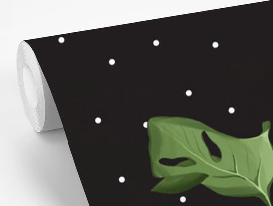 Illustration d'une plant Monstera sur fond noir à pois blancs 200x300 cm