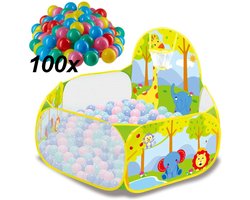 Ballenbak met Basketbal Net - MET 100 Ballen voor Ballenbak - Baby - Dieren print Ballenbad voor kinderen - Ballenbad