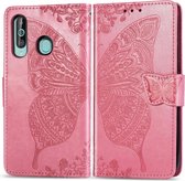 Butterfly Love Flowers Embossing Horizontale Flip Leather Case voor Galaxy A60, met houder & kaartsleuven & portemonnee & lanyard (roze)