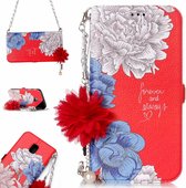 Voor Galaxy J5 (2017) (EU-versie) Rode achtergrond Chrysanthemum patroon Horizontale flip lederen tas met houder en kaartsleuven & parelbloem Ornament & ketting