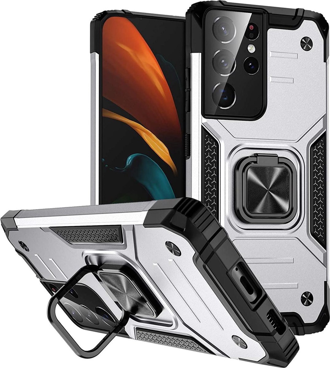 Hoesje Geschikt Voor Samsung Galaxy S21 Ultra Hoesje - Heavy Duty Armor hoesje Zilver - Galaxy S21 Ultra silicone TPU hybride hoesje Kickstand ringhouder met Magnetisch Auto Mount