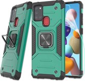 Samsung A21S Hoesje - Heavy Duty Armor hoesje Groen - Galaxy A21s silicone TPU hybride hoesje Kickstand ringhouder met Magnetisch Auto Mount