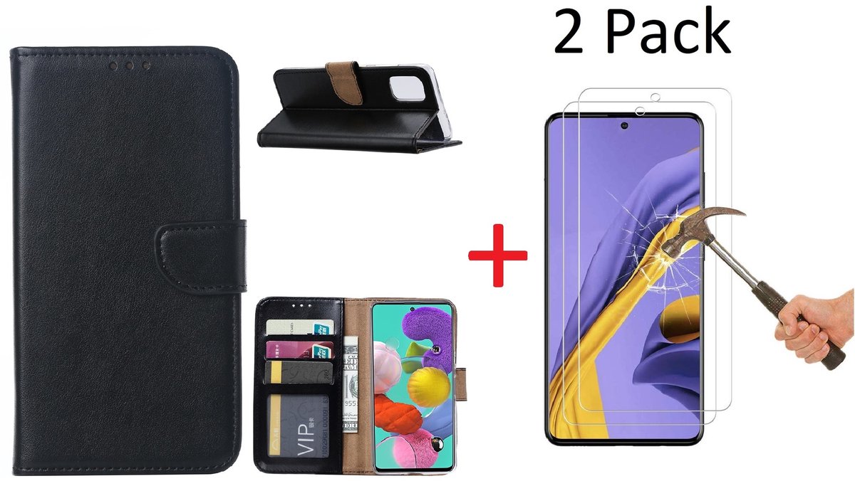 Hoesje Geschikt Voor Samsung Galaxy A51 Portemonnee hoesje + 2X Screenprotector - Zwart