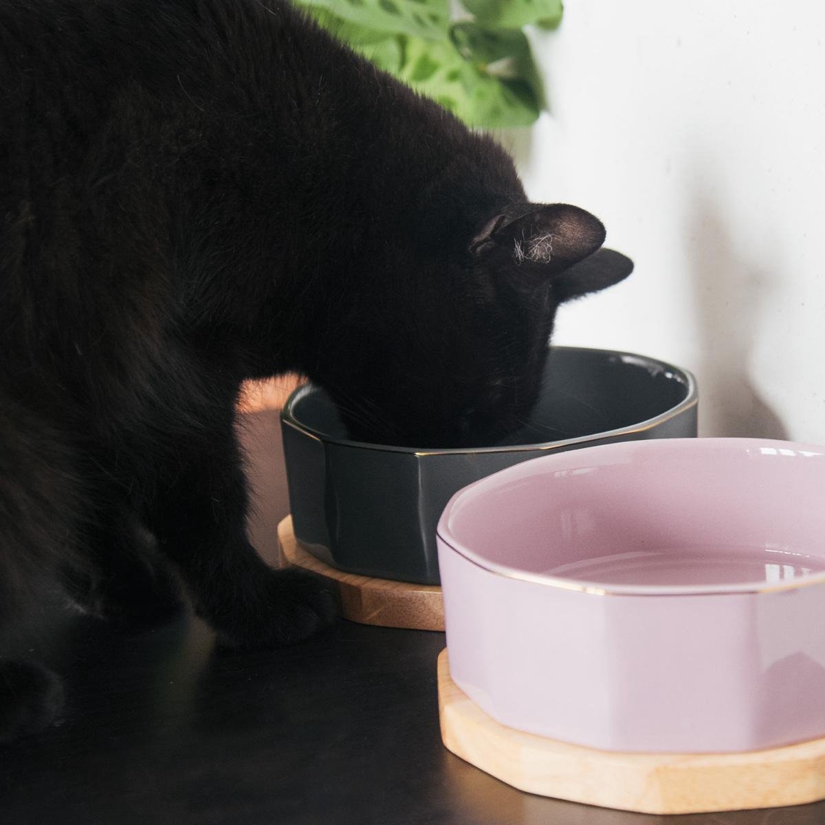 Navaris Voerbakset Van Keramiek – 2 Stuks Van 800 Ml Met Houten Onderzetters – Grijs/paars – Voor Honden En Katten