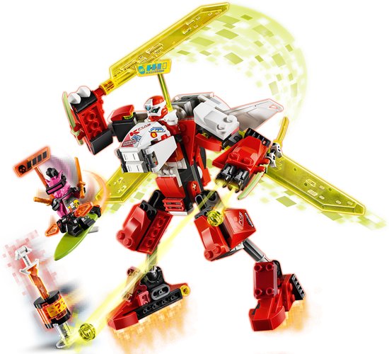 LEGO Ninjago Kai's Mech Jet in robotmodus met felgele zwaarden en Richie op zijn hoverboard.