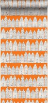ESTAhome behang Amsterdamse huizen oranje en wit - 115874 - 53 cm x 10,05 m