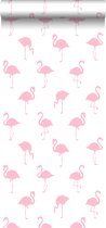 ESTAhome behang flamingo's roze en wit - 138992 - 0.53 x 10.05 m