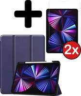 iPad Pro 2021 Hoes (11 inch) Book Case Hoesje Met 2x Screenprotector - Met Uitsparing Voor Apple Pencil - Donker Blauw