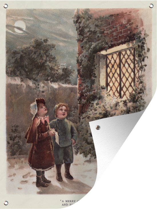 Muurdecoratie buiten Portret Kerst - Winter - Vintage - 120x160 cm - Tuindoek - Buitenposter