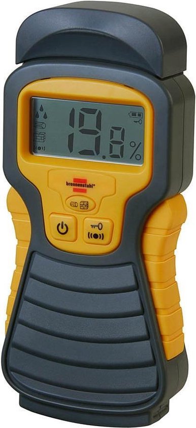 Gele en grijze vochtmeter met twee metalen pinnen bovenop en een digitaal display dat 19.8% aangeeft.