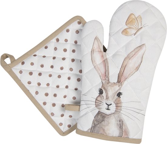 Clayre & Eef Manique de four 18x30 cm Blanc Marron Coton Lapin