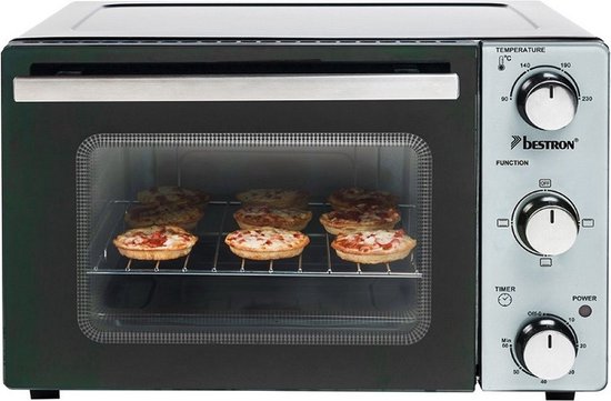 Bestron vrijstaande Mini Oven met 20L volume, Bakoven inlcusief Grillrooster & Bakschaal, met 3 programma's: Bovenwarmte, Onderwarmte en Bovenwarmte + Onderwarmte tot max. 230 °C, timerfunctie & indicatielampje, 1300 Watt, kleur: zilver / zwart
