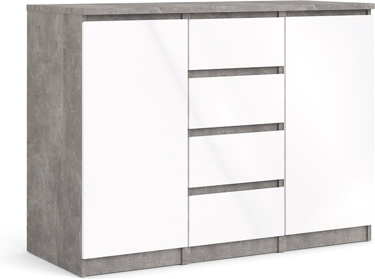 Woonexpress Nada dressoir 2 deuren en 4 lades, betondecor/wit hoogglans.