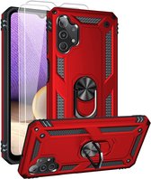 Samsung A32 Hoesje kickstand Armor case Rood - Galaxy A32 4G Ring houder TPU backcover hoesje - met Galaxy A32 4G screenprotector 2 pack