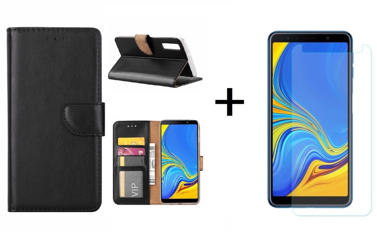 Ntech Hoesje Geschikt Voor Samsung Galaxy A7 2018 Zwart BookType Hoesje & opbergvakjes + Glazen Screenprotector