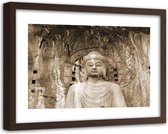 Foto in frame , Boeddha voor een rots , 120x80cm , Zwart wit , Premium print