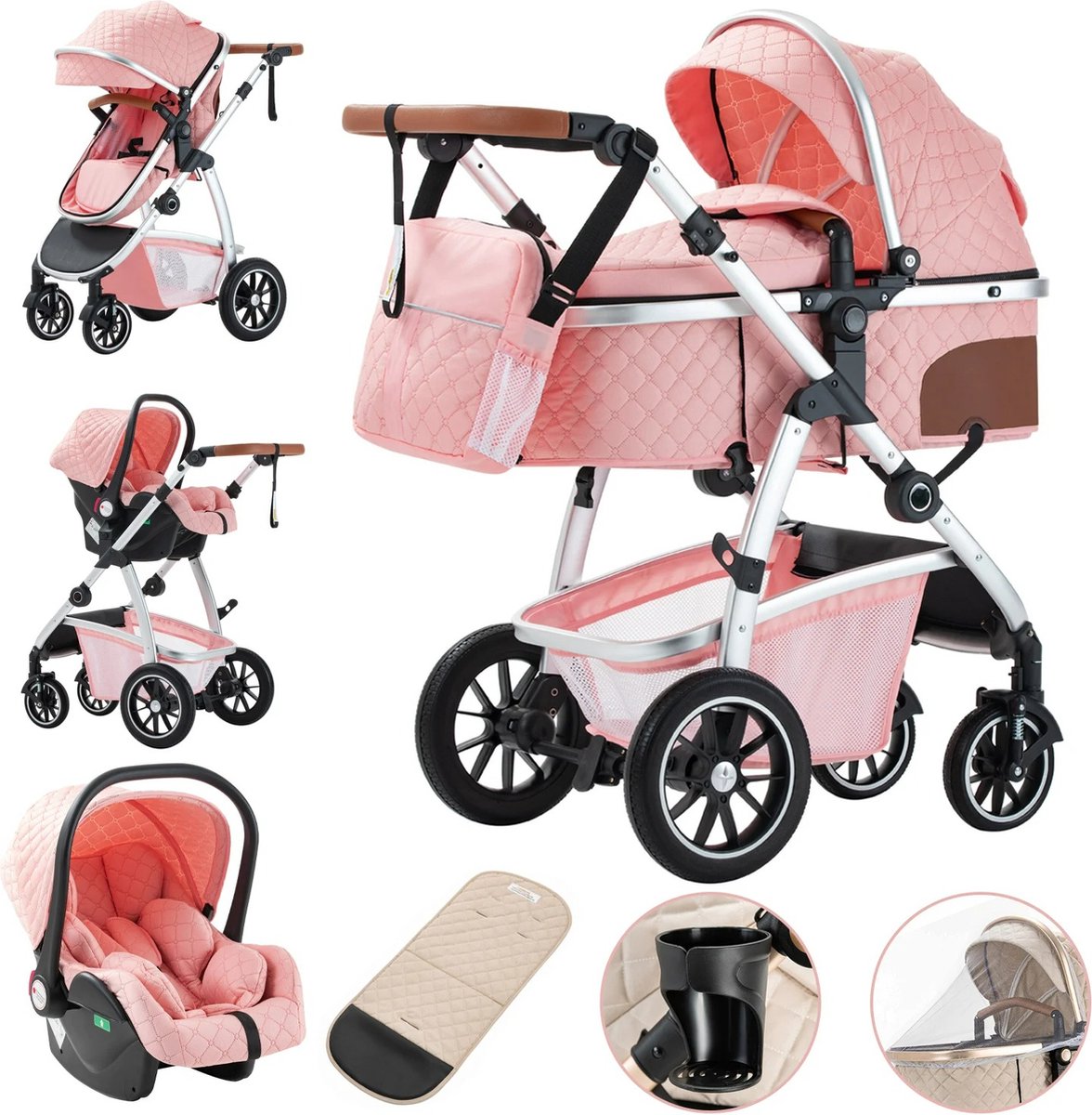 Luxe Kinderwagen 3 in 1 - Draagbare Opvouwbare Reiskinderwagen - Multifunctioneel - Autostoel - Wieg - Aluminium Frame - Kinderwagens Pasgeboren Baby's - Roze - Luxe - €239,95