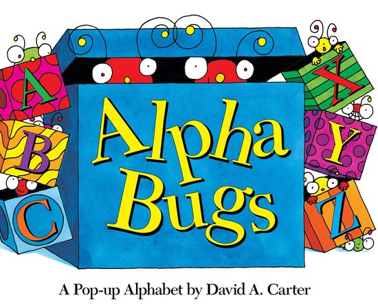 Boîte bleue avec les lettres A à Z, titre 'Alpha Bugs', A Pop-up Alphabet by David A. Carter