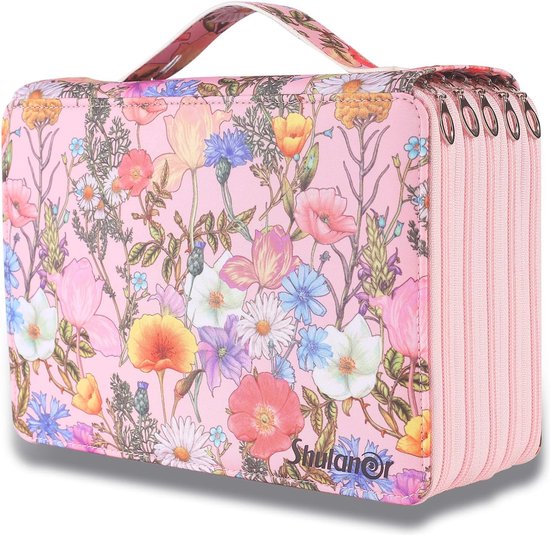 Shulaner Pencil Case 120 Slots, Gekleurde Potlood Hoesje met Rits Sluiting Grote Capaciteit Polyester Pen Organizer Roze bloem potlood etui 120 - Roze groen