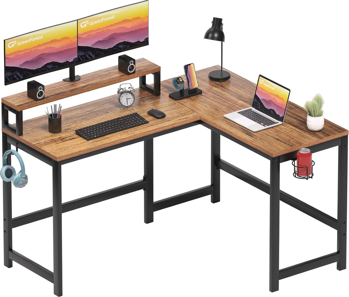 L-vormig Hoekbureau met Monitorstandaard 128 cm Walnoot - L-vormig - €279,93