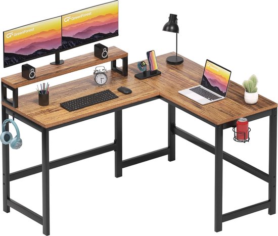 L-vormig Hoekbureau met Monitorstandaard 128 cm Walnoot - L-vormig - €279,93