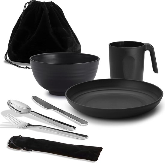 Camping Bestek Set | Zwart | Compleet Bestek Voor Outdoor | Eetbaar Staal | Incl. Mes, Vork, Lepel