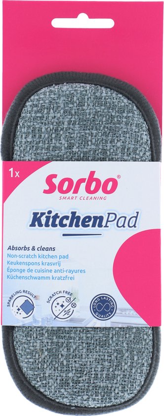 Verpakking van de Sorbo Kitchen Pad, een ovale grijze spons met een donkergrijs randje, met het Sorbo Kitchen Pad logo.
