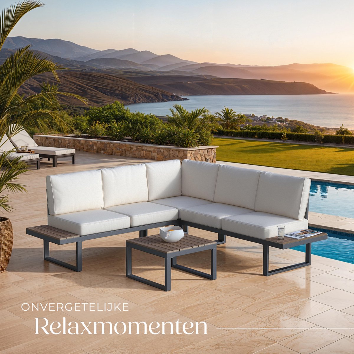 tectake® Tuinset Eliar - 4-Delige Loungeset - 5 Personen - Weerbestendige Hoekbank - Aluminium Frame - Houtlook Zijtafeltjes - Tuinbank -Tuintafel - Verstelbare Rugleuning - Ligbed - Tuinmeubelset met Kussens - Ideaal voor tuin, balkon en terras – foto 6