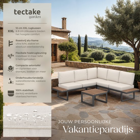 tectake® Salon de Jardin Eliar, 4 pièces, avec structure en aluminium - 5 personnes avec table - bois