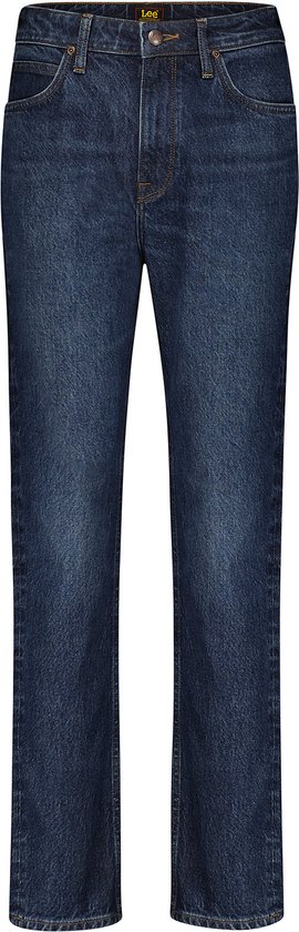 Donkerblauwe straight leg jeans met opgestikte achterzakken en bruine leren logo patch.