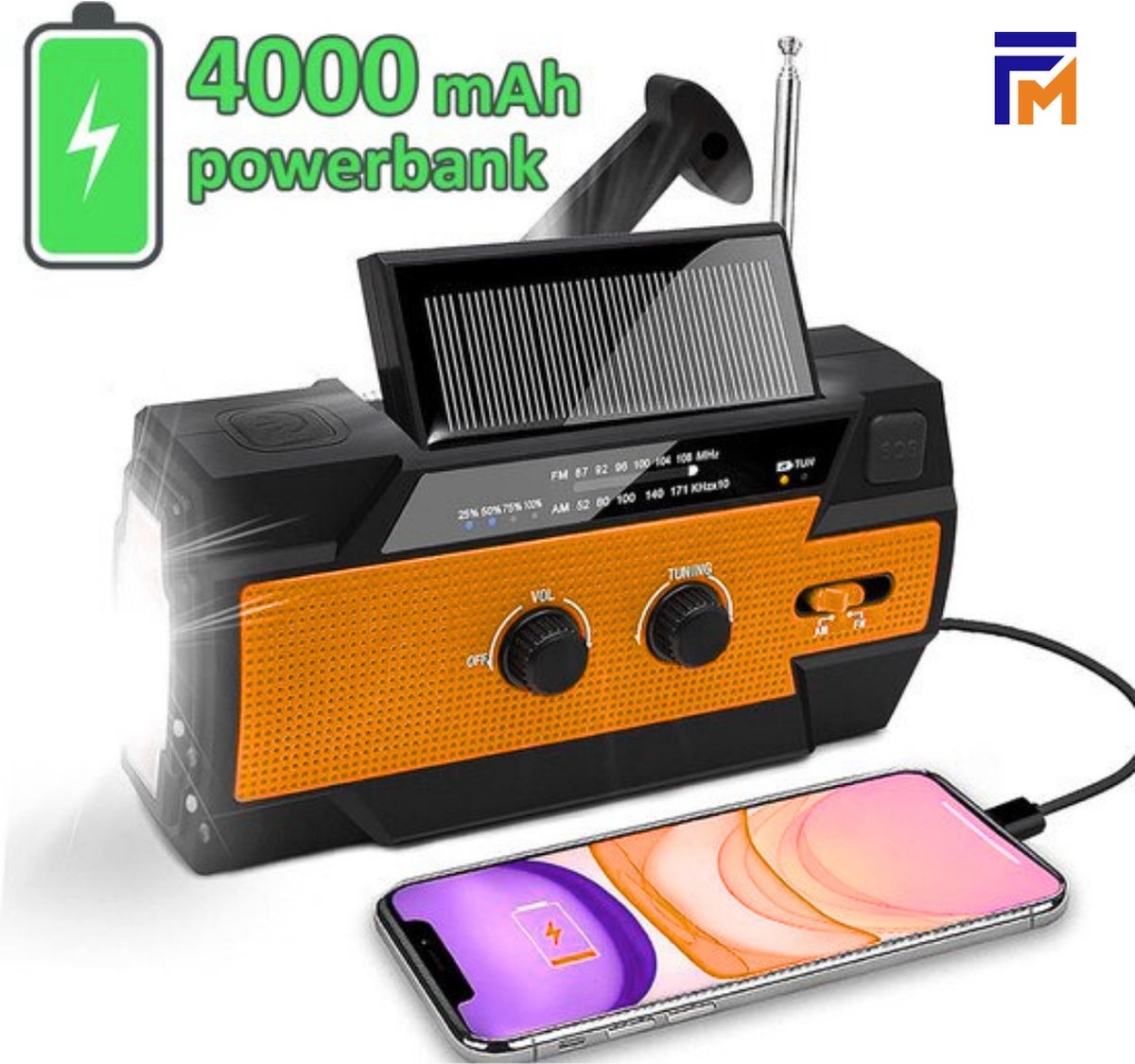Noodradio - Opwindbare radio - Dynamo / Solar / Zonnepaneel - Opwindbaar - Zaklamp - Powerbank - Survival / Camping radio - FM - AM - Leeslamp - SOS Alarm