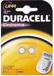 Duracell Electronics LR44 batterijen, 1.5V alkaline, in oranje verpakking met rekenmachine icoon.