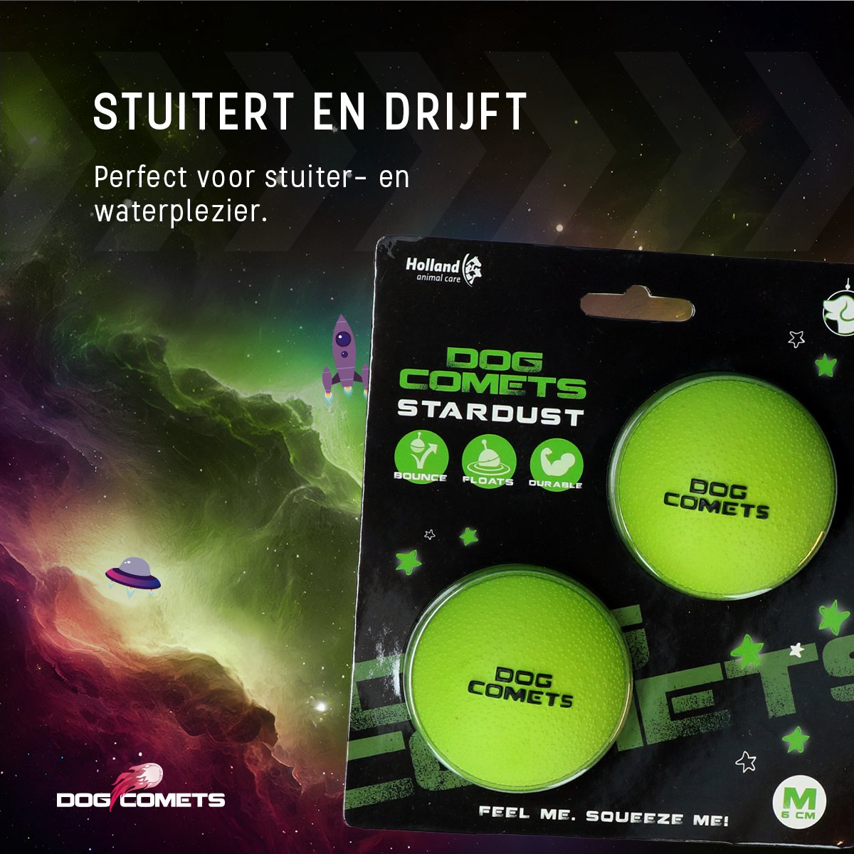 Dog Comets Ball Stardust Ø 6 cm - Rubberen Hondenbal - Hondenspeelgoed - Stuiterend en Drijvend honden speelgoed - Groen - 2 Stuks