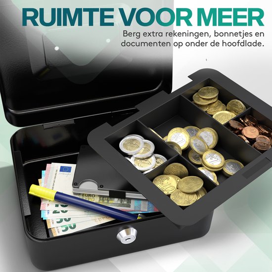 Open zwart geldkistje met munten en briefgeld, inclusief een pen. Tekst "Ruimte voor meer" staat erbij.
