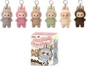 Vijf Labubu sleutelhangers in konijnenkostuum in verschillende kleuren en een blind box.