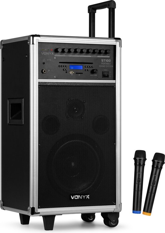 Vonyx ST100 MK2 mobiele geluidsinstallatie 250W Bluetooth CD USB SD accu 3 microfoons draadloos UHF 8 inch speaker
