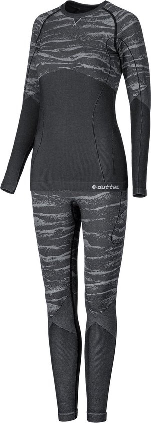 Ensemble thermique pour femme : haut avec imprimé tigre gris sur la moitié supérieure, legging avec tissu noir uni sur le bas des jambes.