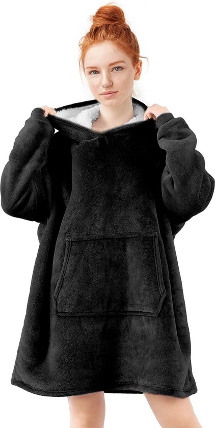 Zoem - Fleece deken met mouwen Zwart - Gratis sokken - sweater - 280 gsm - Snuggle Hoodie