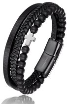Bracelet pour Homme – Cuir Noir avec Perles Noires et Croix Argentée – Bracelets en Nuir – Cadeau pour Homme – Cadeaux Masculins