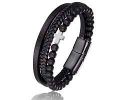 Armband Heren - Zwart Leer met Zwarte Kralen en Zilver Kruis - Leren Armbanden - Vaderdag Cadeau Geschenk - Mannen Cadeautjes Accesoires