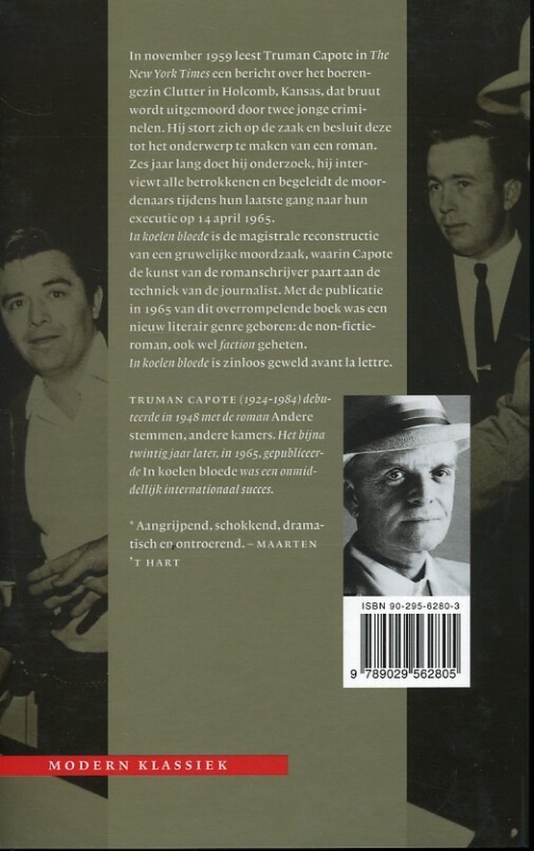 Achterkant van het boek In koelen bloede, met foto's van Truman Capote en tekst.