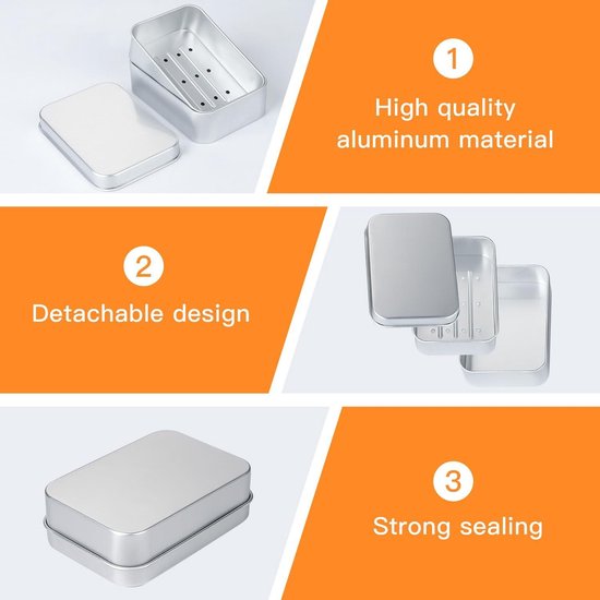 Nogeqi 2 stuks aluminium zeepblikjes voor op reis, waterdicht, metalen zeepbakje met afdruiprooster, scheerzeep, zeepbox, vaste shampoo voor thuis, reizen, camping (rond